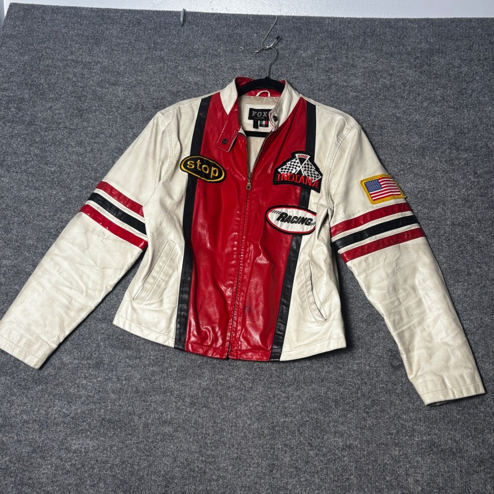 Fox Collection Italy Leather Racing Jacket Mens L White Red Indiana 500 Vintage